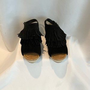 Minnetonka Black Suede Leather Wedge Sandals w/Fringe